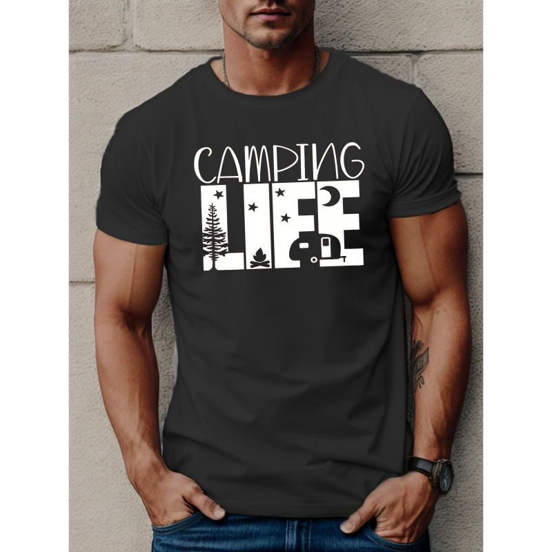 

Camping Life Print Men's Short Sleeve T-shirts, Comfy Casual Elastic Crew Neck Tops For Men's Outdoor Activities