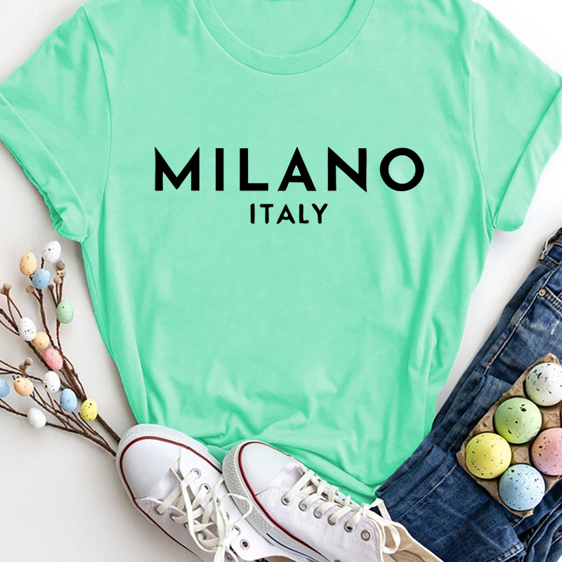 

Milano Italy Print T-shirt, Casual Crew Neck Short Sleeve Top For Spring & Summer, Women's Clothing