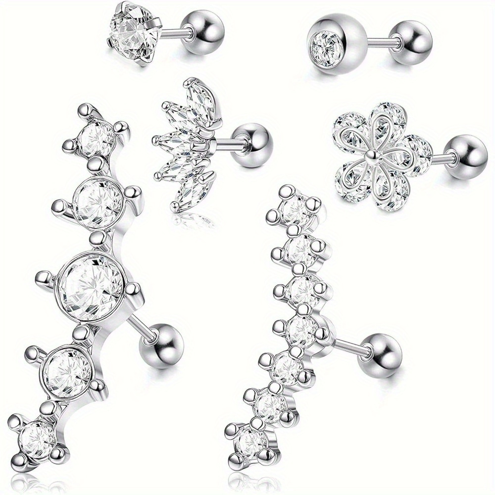 1pc sparkling barbell helix piercing stainless steel cartilage earring for women girls nose lip studs tragus flower conch flat back