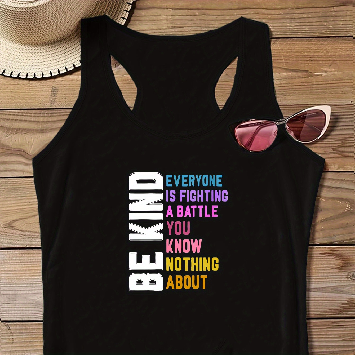 

Plus Size Be Kind Print Tank Top, Casual Crew Neck Sleeveless Top For Summer, Women's Plus Size Clothing