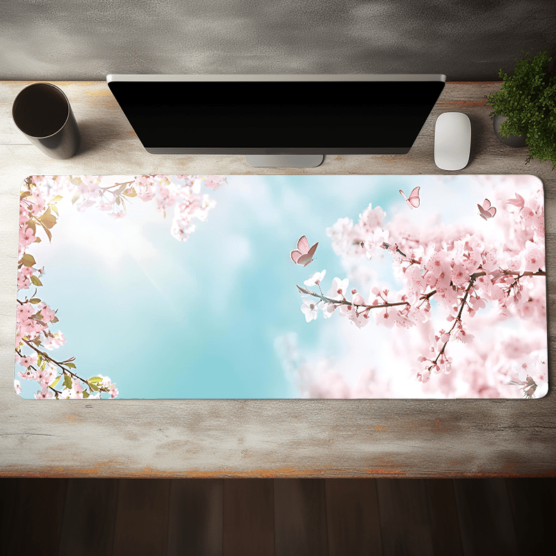 

Cherry Mouse Pad With Non-slip Rubber Base - Pink Japanese Bloom Design, Large Desk Mat, Stitched Edge, Office & Gaming Accessories, 35.4x15.7 Inch