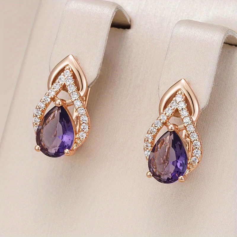 

Elegant Copper Teardrop Earrings With Purple Zirconia And Golden Hue For Women, No Plating – Vintage- For Weddings And Parties, Suitable For 14+