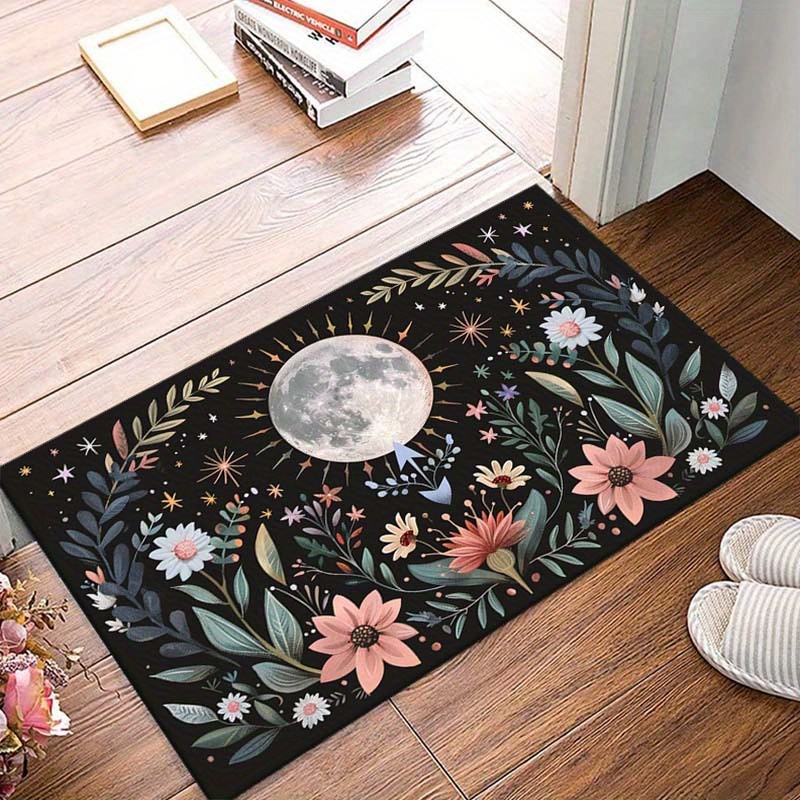 

Moon And Floral Print Polyester Carpet Chair Mat With Anti-skid Backing - Indoor/outdoor Decorative Rug For Living Room, Bedroom, Kitchen, And Bathroom - Durable And Stylish Area Rug
