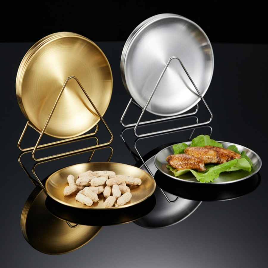 

6 Pieces Of Gold- Stainless Plates With Stand - Home Use Or Outdoor Dining