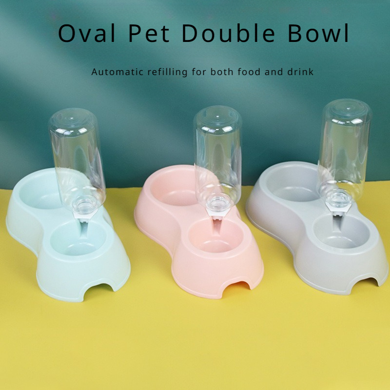 

Automatic Refill Oval Pet Double Bowl For Cats - Pp Material, Durable And Anti-tip Design, Dual Purpose Food And Water Feeder