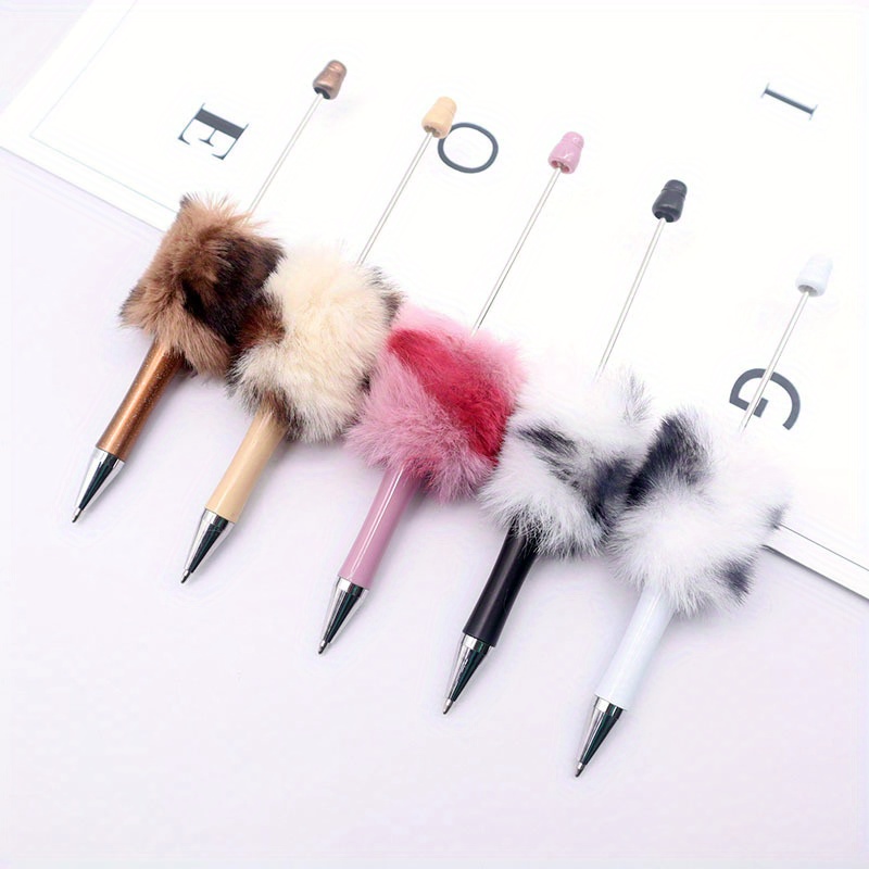 

5pcs Medium Point Ballpoint Pens With Oval Plastic Body, Twist Closure, And Colorful Furry Pom Pom Beads For Ages 12 And Up.