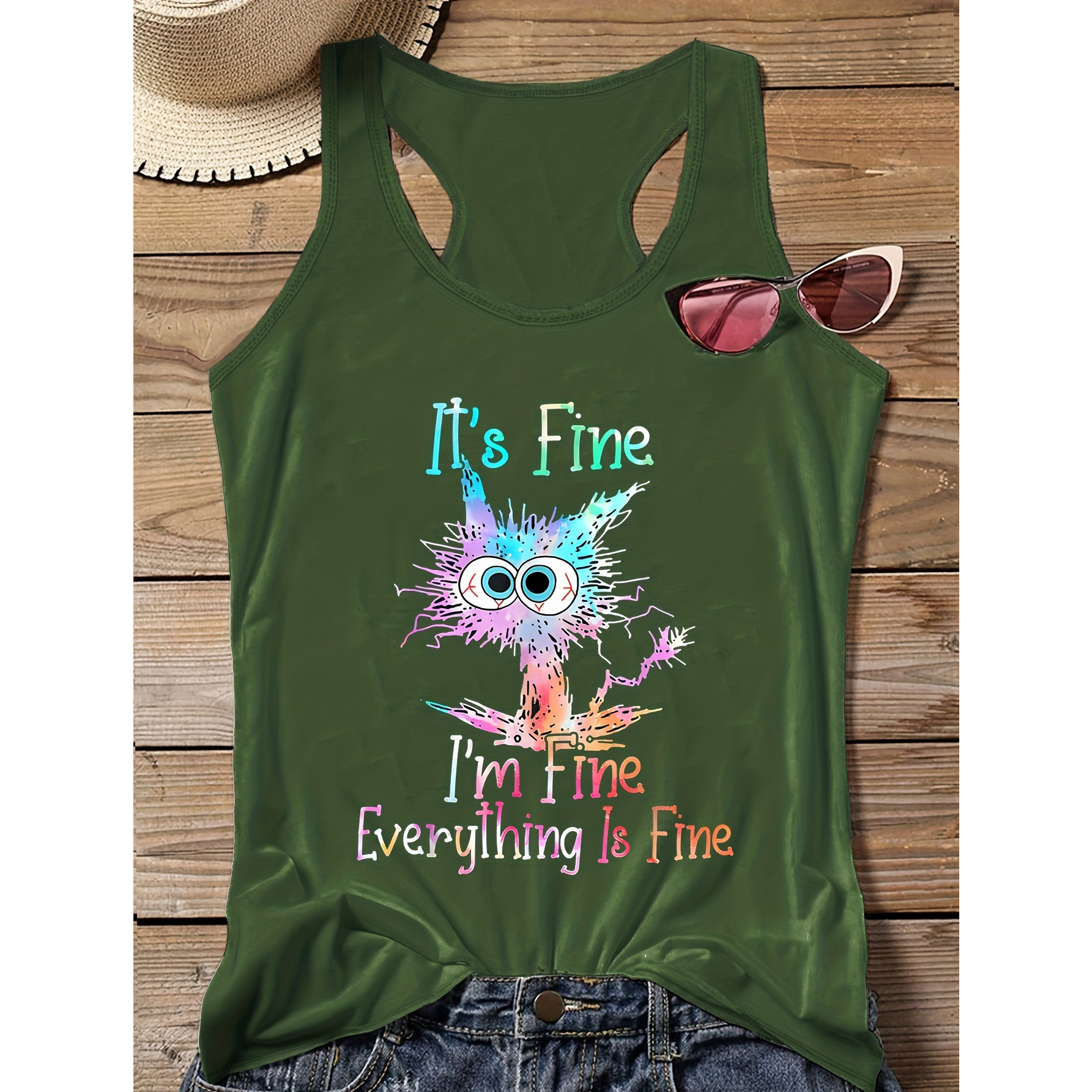 

Plus Size Casual Sporty Funny Cat & Slogan Print Tank Top, Sleeveless Casual Top For Summer & Spring, Women's Clothing