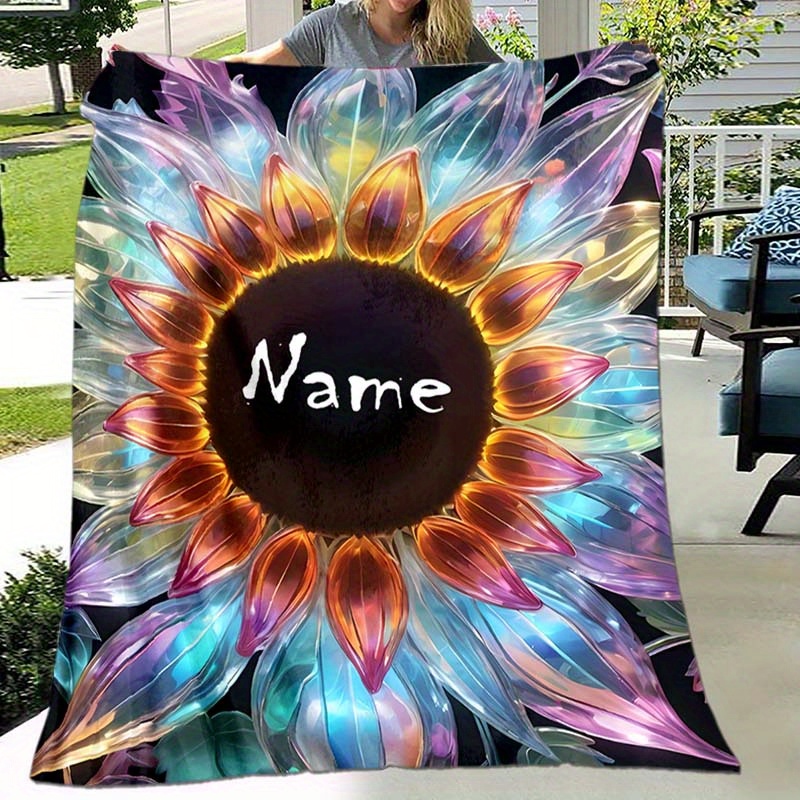 

1pc Custom Your Name Blanket, Personalized Sunflower Pattern Text Blanket, Outdoor Travel Leisure 4 Seasons Nap Blanket