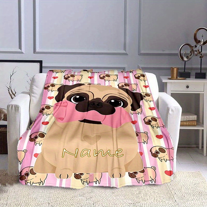 

1pc Custom Your Name Blanket, Personalized Pug Dog Pattern Text Blanket, Outdoor Travel Leisure 4 Seasons Nap Blanket