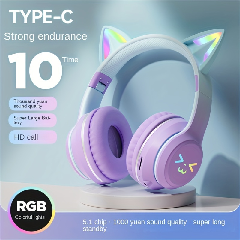Wireless Headphone Cat Ear Gradient Color Belt Led Light - Temu