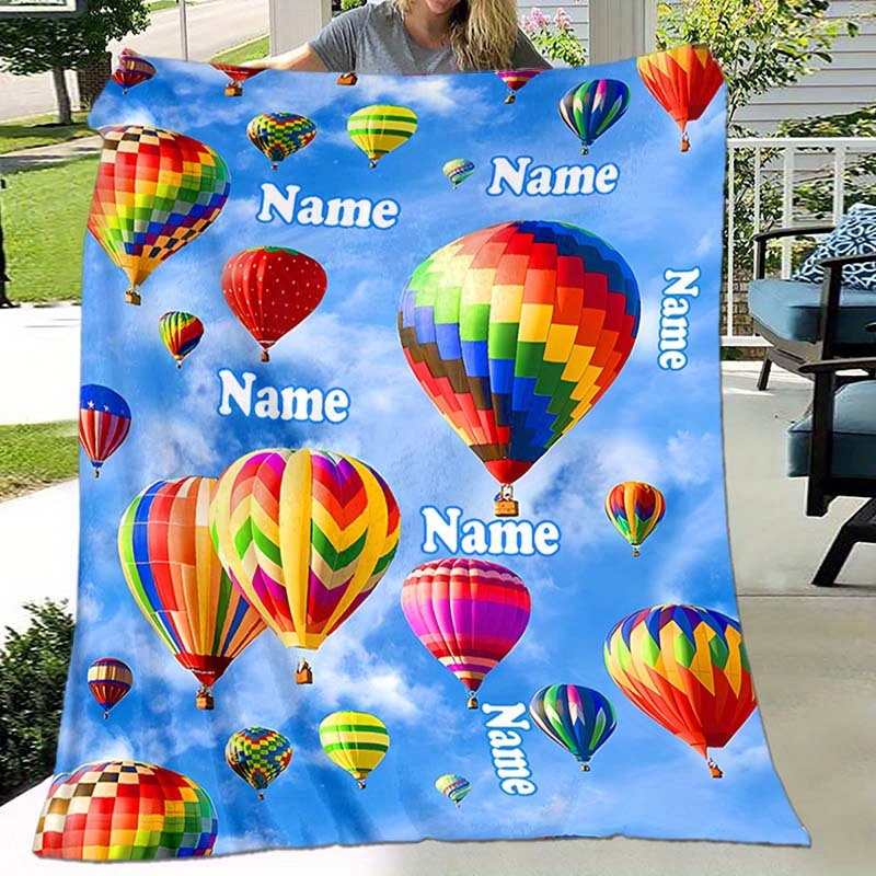 

1pc Custom Your Name Blanket, Personalized Hot Air Balloon Pattern Text Blanket, Outdoor Travel Leisure 4 Seasons Nap Blanket, For Anniversary Gift