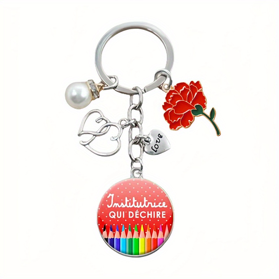 

Colorful Pencil "institutrice Qui Déchire" French Carnation Keychain With Time Gemstone & Pearlesque Accent