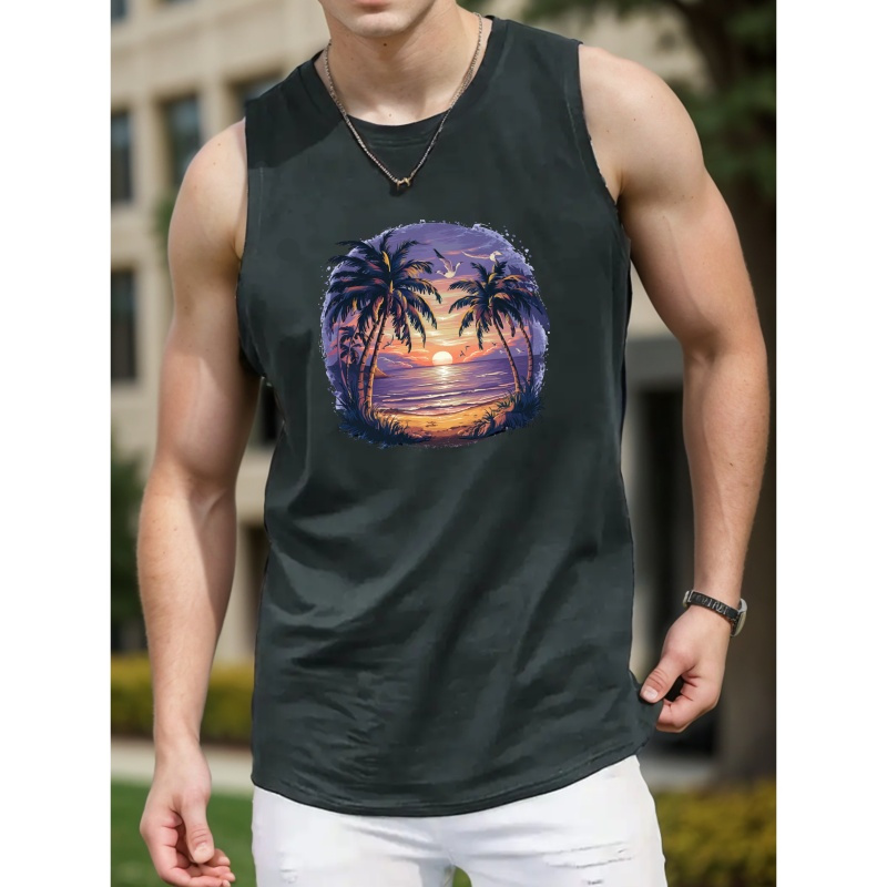 

Seaside Beach Vacation Print Summer Men's Quick Dry Moisture-wicking Breathable Tank Tops, Bodybuilding Sports Sleeveless Shirts, For Running Training, Men's Clothing