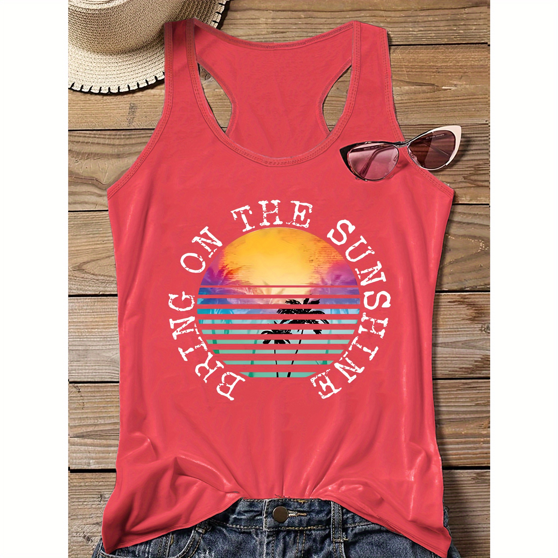 

Plus Size Casual Sporty Beach & Slogan Print Tank Top, Sleeveless Casual Top For Summer & Spring, Women's Clothing