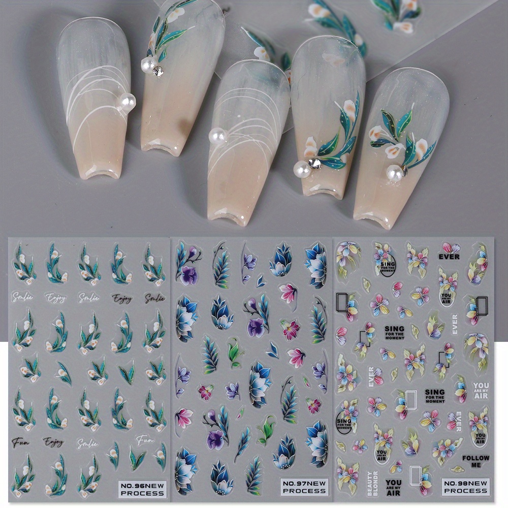 3 Sheets Nail Stickers Summer Flower Colorful Floral Decals Nail Art Decoration Decals 3d Adhesive Transfer Sliders Manicure Accessories
