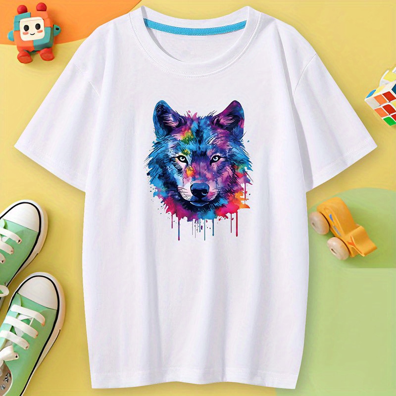 

Trendy Colorful Wolf Print T-shirt- Engaging Visuals, Casual Short Sleeve T-shirts For Boys - Cool, Lightweight And Comfy Summer Clothes!