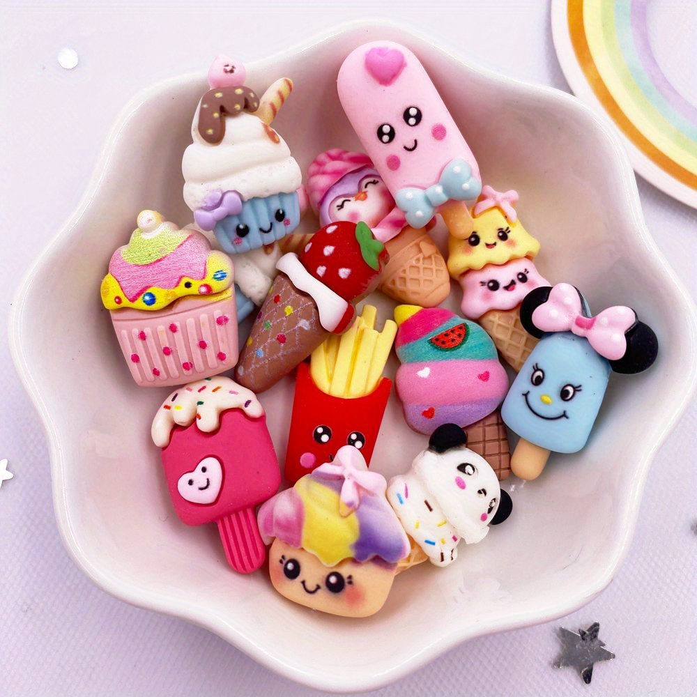 

12-piece Kawaii Resin Charms Set - Colorful Mini Ice Cream, Cake & French Fries Designs For Diy Scrapbooking, Crafts & Decorations