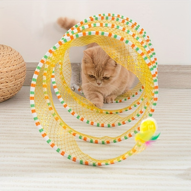 

Interactive Cat Tunnel Toy With Feather Mouse, Patterned Collapsible Tube For Indoor Cats, Durable Tunnel Accessory