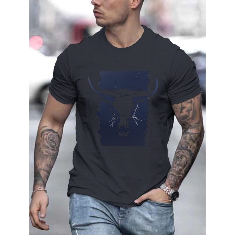 

Rugged Western Bull Skull Men's T-shirt, Print Tee Shirt, Tees For Men, Casual Short Sleeve T-shirt For Summer