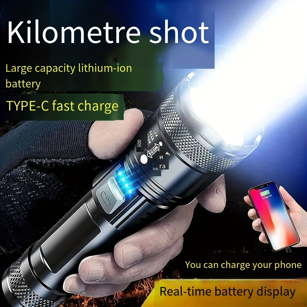 

1pc Rechargeable Xhp50 Led Flashlight, Ultra Powerful Zoomable Torch With Built-in Battery, Super Bright Camping Lantern, Type-c Fast Charge, Real-time Battery Display, Water-resistant, Black