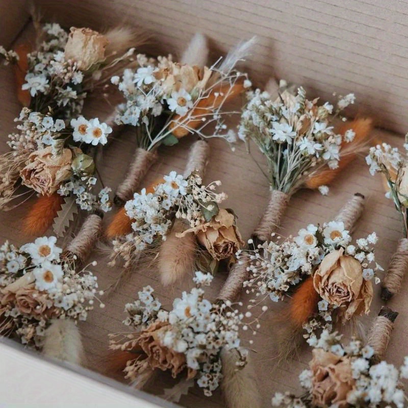 

6pcs Bohemian Mini Wedding Bouquet - Pampas Grass & Dried Flowers For Diy Home Decor, Card Embellishments & Corsages