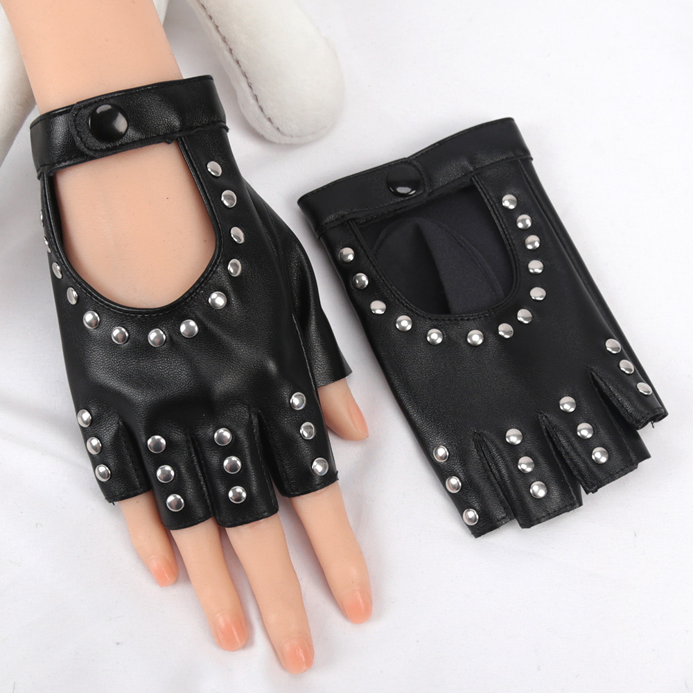 

Black Punk Rivet Gloves, Pu Leather Half Finger Gloves For Women, Hip-hop Style Hollow Decorative Gloves, Motorcycle/driving/party Accessory