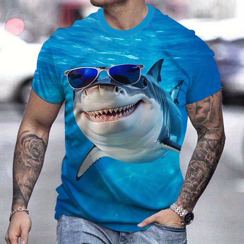 

Men's 3d Digital Sea Themed Shark With Sunglasses Pattern Print T-shirt With Crew Neck And Short Sleeve, Stylish And Chic Tops For Summer Leisurewear