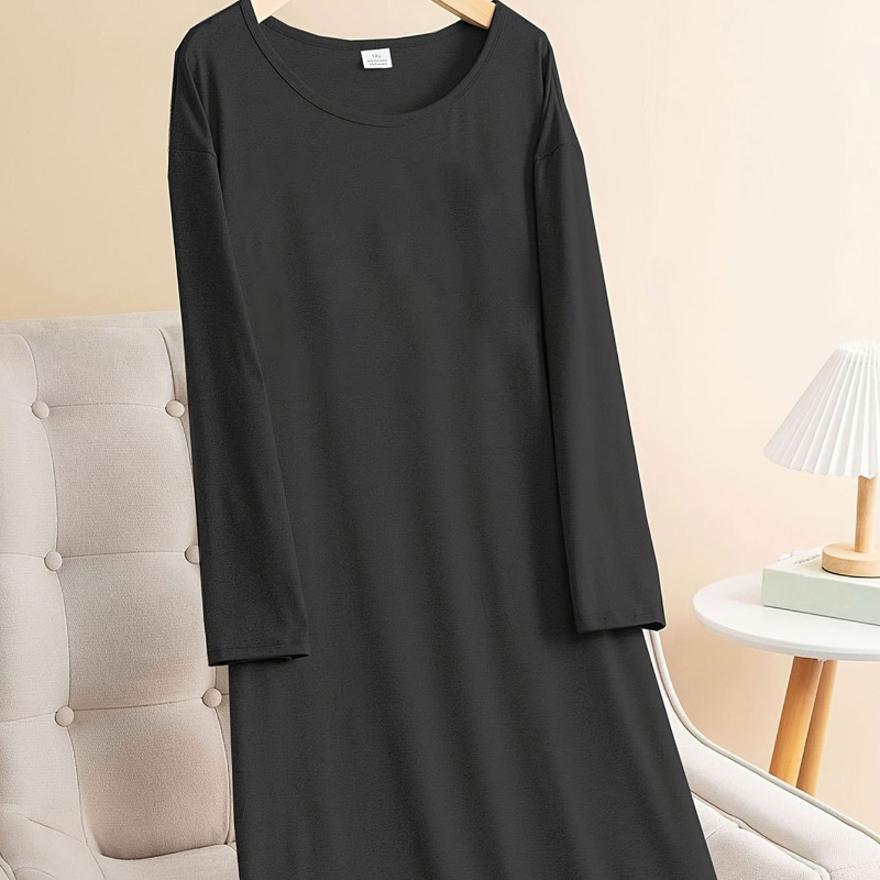 

Women's Plus Size Casual Lounge Dress, Long Sleeve, Solid Color, Soft Fabric, Comfort Fit, Home Wear