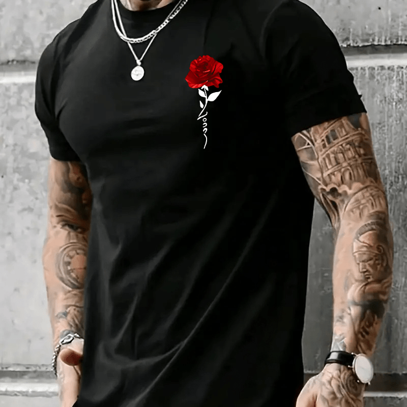 

Red Rose Pattern Print Crew Neck Short Sleeve T-shirt For Men, Casual Summer T-shirt For Daily Wear And Vacation Resorts
