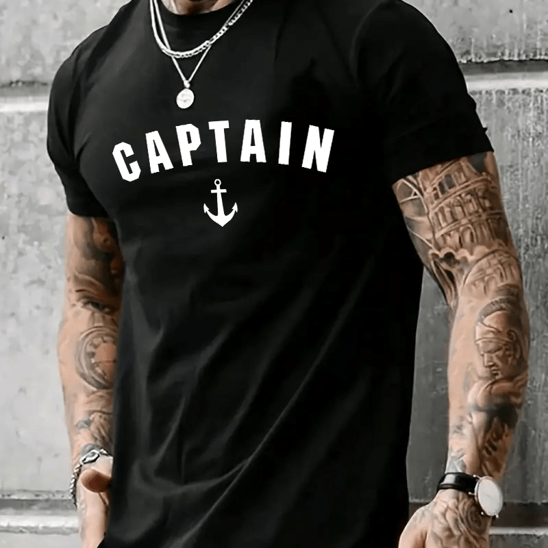 

Captain Alphabet Print Crew Neck Short Sleeve T-shirt For Men, Casual Summer T-shirt For Daily Wear And Vacation Resorts