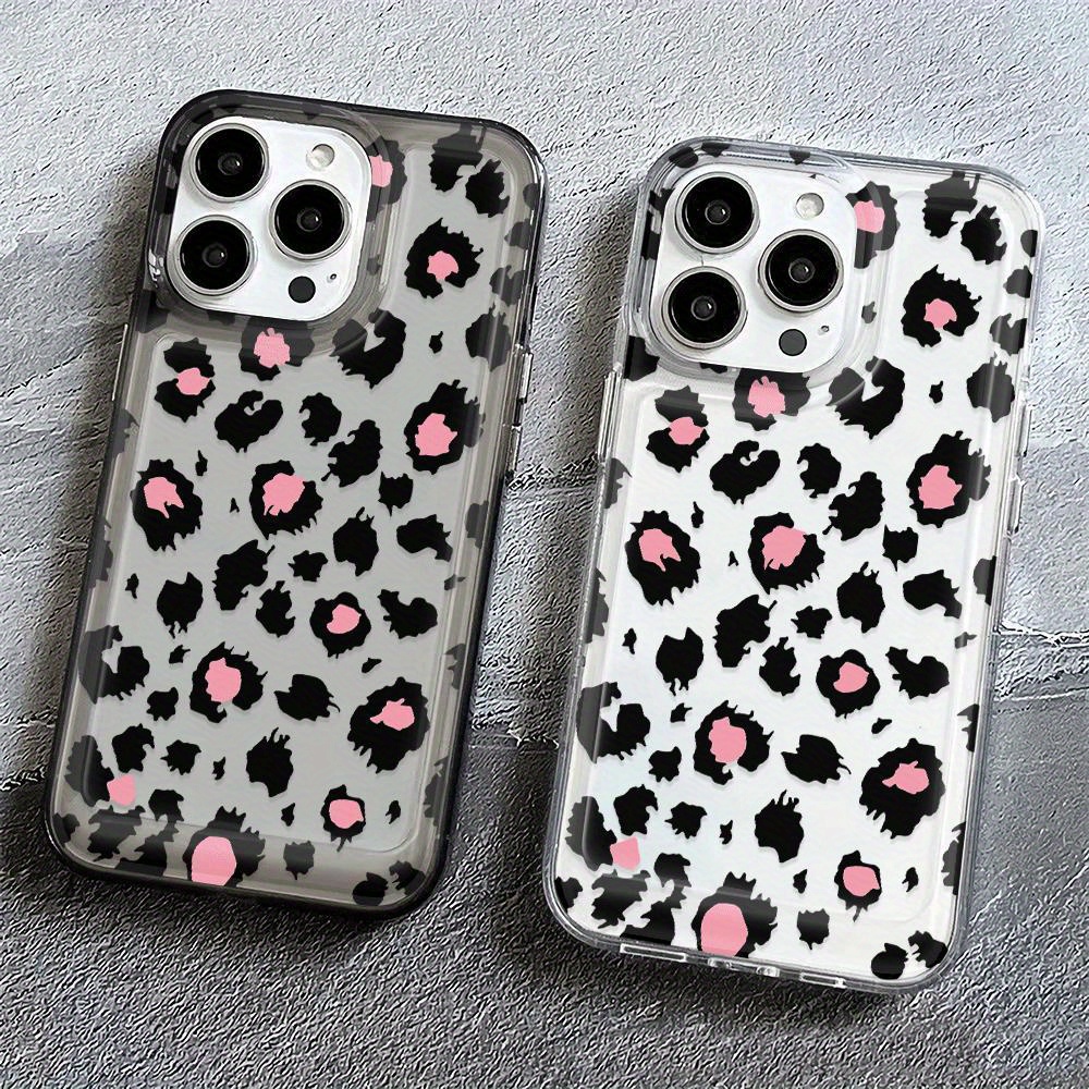 

Leopard & Pink Hearts Print Tpu Phone Case Bundle For 15/14/13/12/11 Series - Shockproof Protective Transparent Cover Set With Camera Lens Design