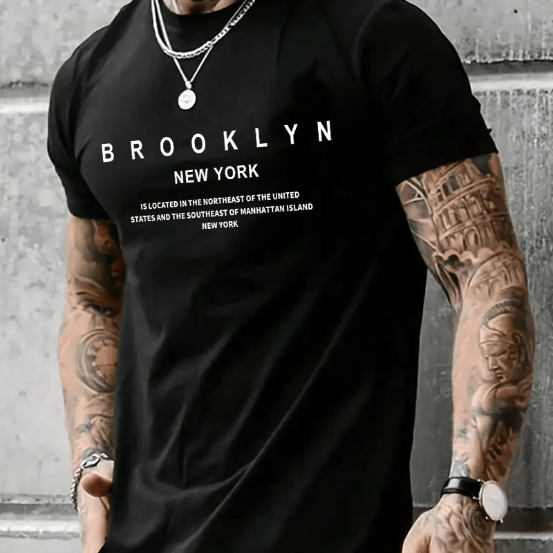 

Brooklyn" Creative Print Casual Novelty T-shirt For Men, Short Sleeve Summer& Spring Top, Comfort Fit, Stylish Streetwear Crew Neck Tee For Daily Wear
