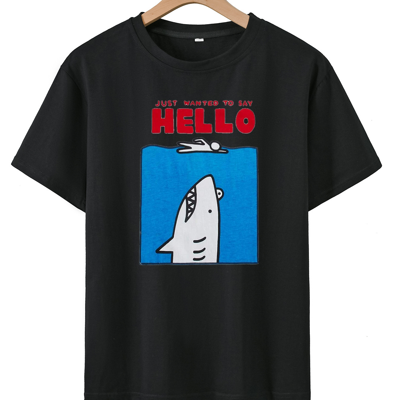 

Hello Shark Cartoon Print Crew Neck T-shirt For Boys, Casual Shortsleeve Top, Boy's Clothing For Summer