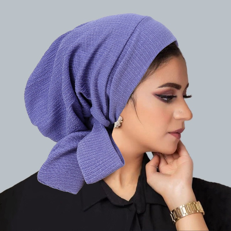 

Solid Color Pre Tied Turban Hat, Stretchable Chemo Hat, Wavy Textured Women's Headwear For Hair Loss Gifts For Eid