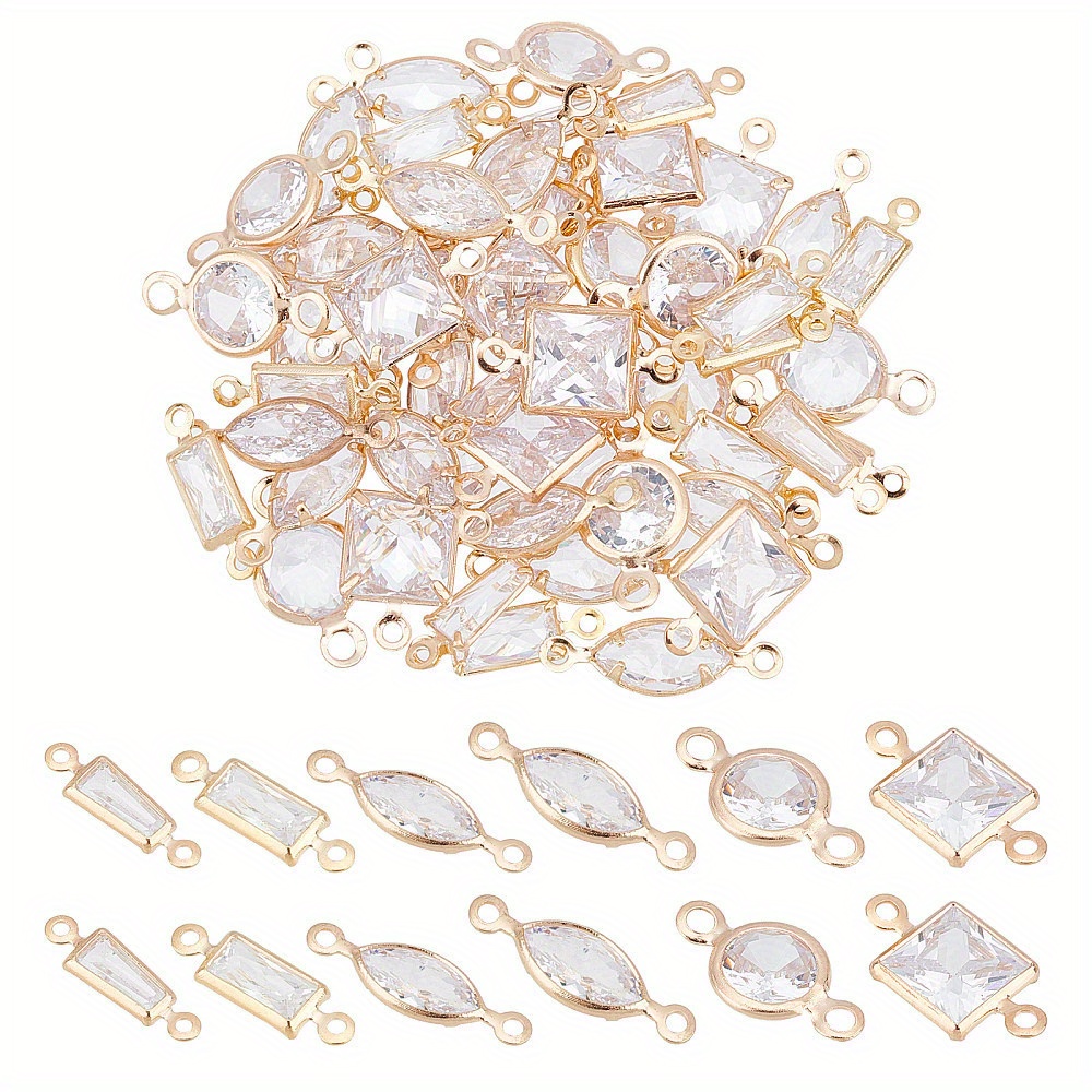 

1box 60pcs 6 Style Brass Micro Pave Clear Cubic Zirconia Link Connectors Horse Eye & Squar & Trapezoid & Round & Oval Light Golden 11~14x3.5~6.5x1.5~3mm Hole: 0.9~1mm 10pcs/style