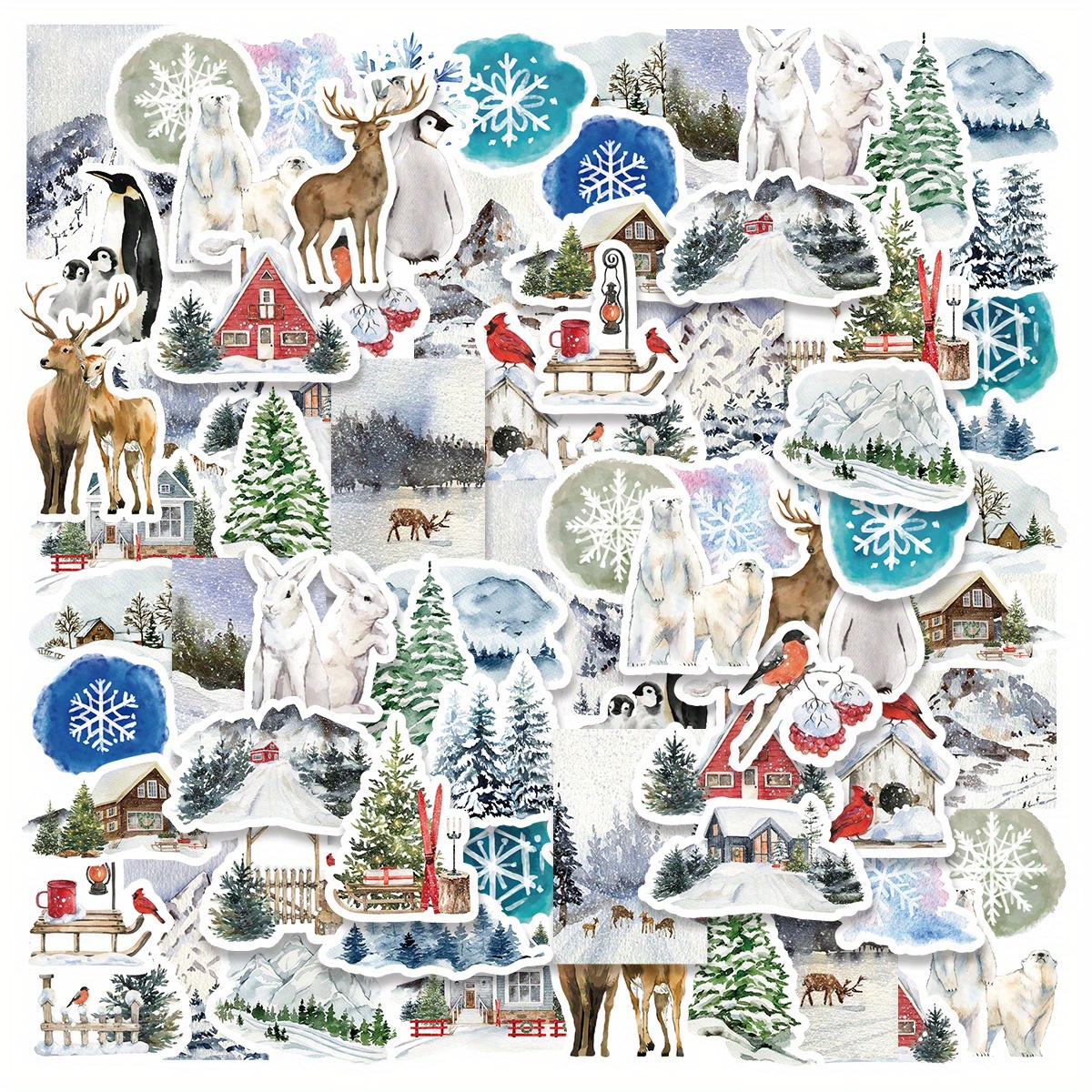 Image of 30pcs Of Winter Cedar Stickers Featuring A Vintage Anime Snow Landscape. Perfect For Decorating Laptops, Cups, Refrigerators, Books, Luggage, Tables, Helmets, Skateboards, Cameras, And Guitars