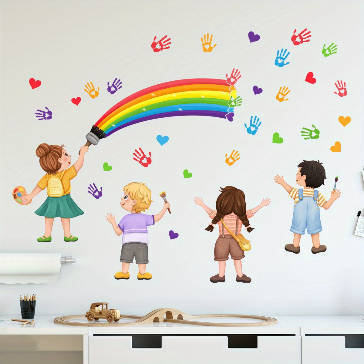 

Vinyl Rainbow Wall Decals With Colorful Handprints & Hearts - Creative Playroom Decor, Positive Affirmation Stickers For Classroom & Daycare Walls