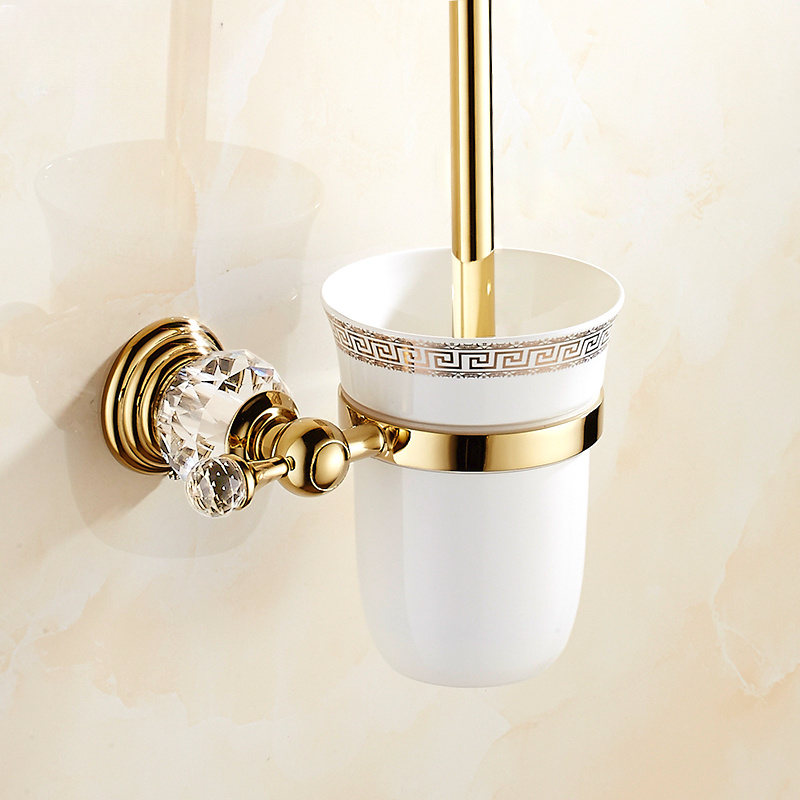 Image of 1set -mounted Toilet Brush Set With Holder, Brushed Golden Finish, Durable Copper Material, Bathroom Cleaning Accessory, Toilet Cleaning Tool, Home Essential