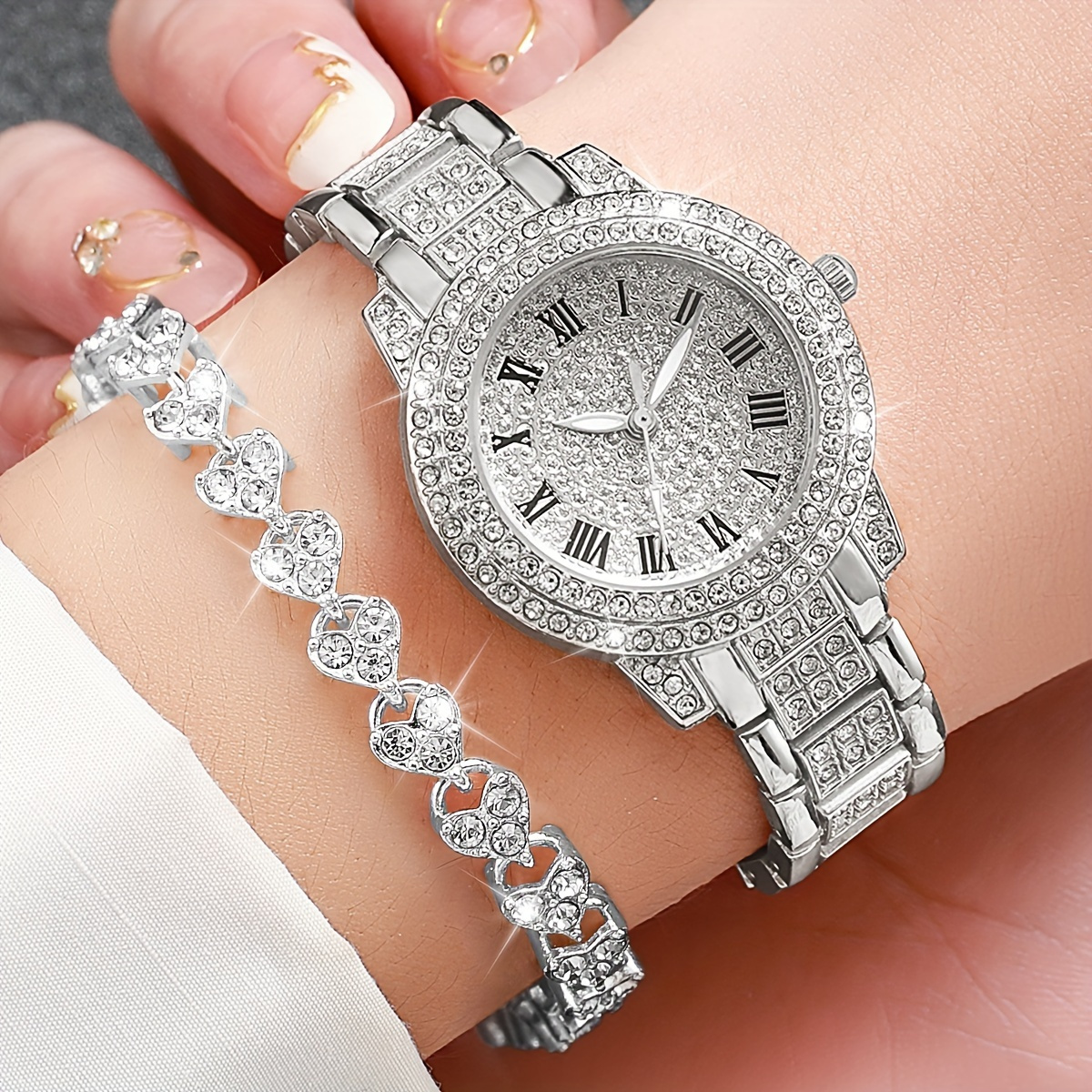 

2 Pcs Round Quartz Watches Stainless Steel Strap Elegant Alloy Pointer And Rhinestone Bracelet Jewelry For Women Gifts For Eid