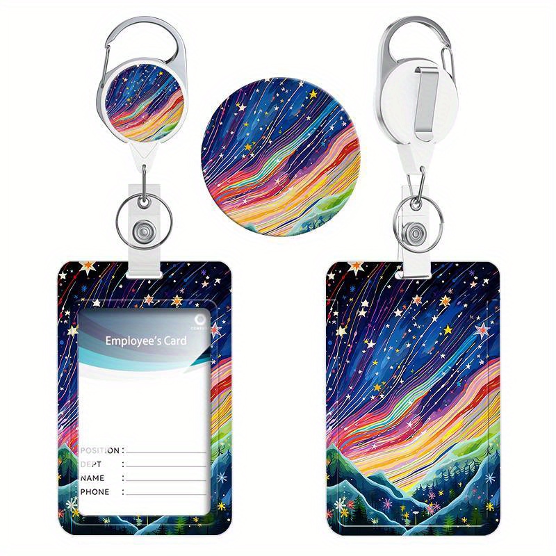 

1 Pack Rainbow Starry Sky Pattern Heavy Duty Vertical Id Badge Holder With Retractable Badge Reel Clip - Durable Plastic Material