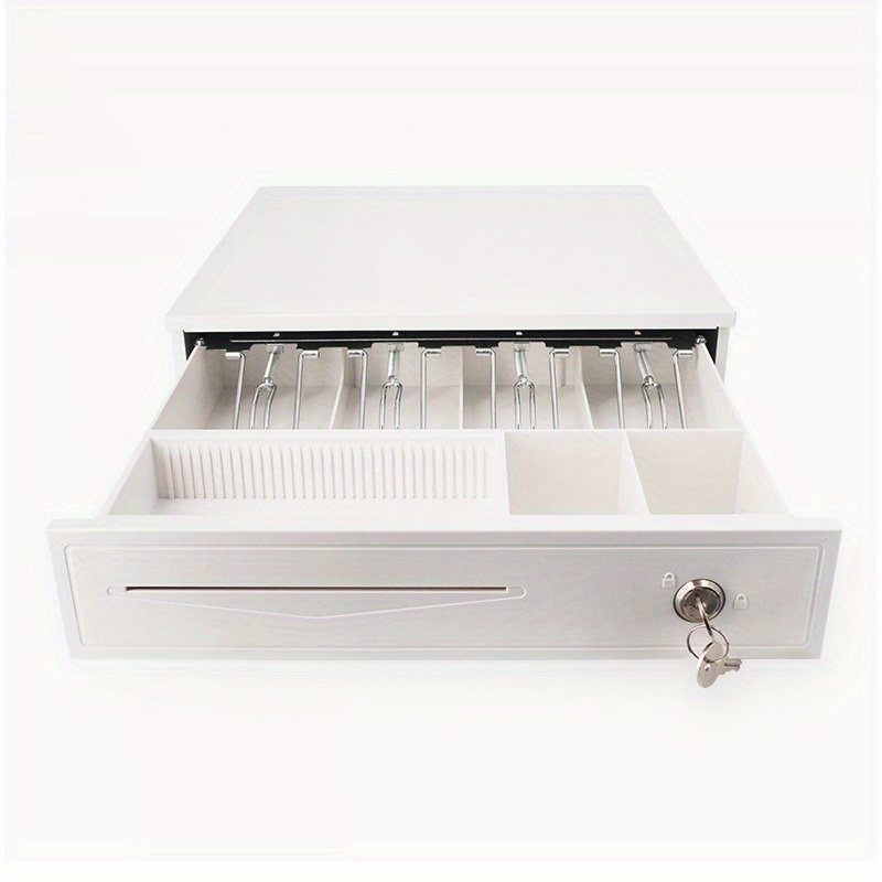

Galvanized Steel White Cash Drawer With 4 Compartments, Metal Money Tray Compatible With Receipt Printer And Pos System
