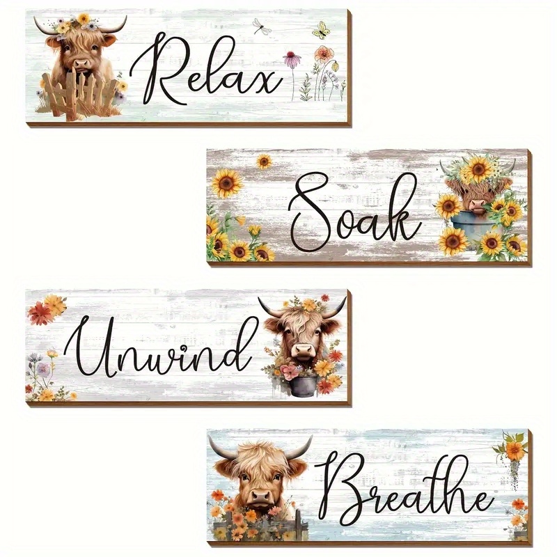 

4pcs Relax Soak Unwind Breathe, Highland Cow Pictures Wall Decor For Bathroom Dining Room Bedroom Living Room Kitchen Nursery Rustic Farmhouse (with Double Sided Tape) 10*4inch/25*10cm