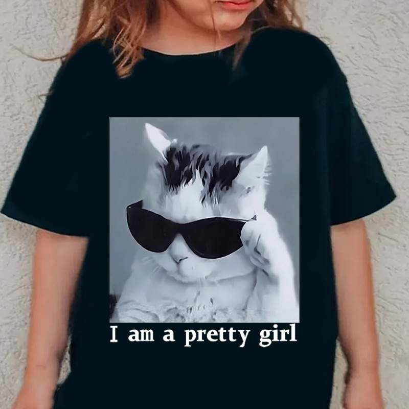 

I Am A Pretty Girl & Cat With Sunglasses Graphic Print Tee, Tween Girls' Stylish & Comfy Crew Neck Short Sleeve T-shirt For Spring & Summer, Tween Girls' Clothes For Everyday Life