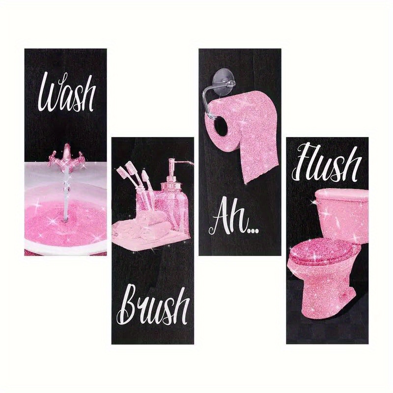 

4 Pcs Pink Glitter Bathroom Wall Decor Wooden Signs - Wash, Brush, Flush, Ah - No Battery Needed, Non-feathered, Electricity-free Hanging Art Plaques 10x4 Inches For Home & Party Decorations