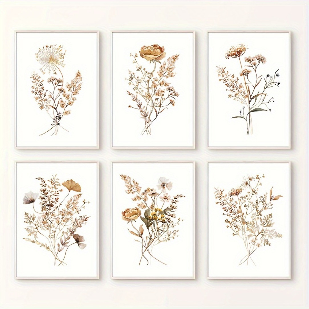 

6pcs Frameless Botanical Watercolor Print Set - Modern Minimalist Floral Wall Art For Home & Office 8*10inches