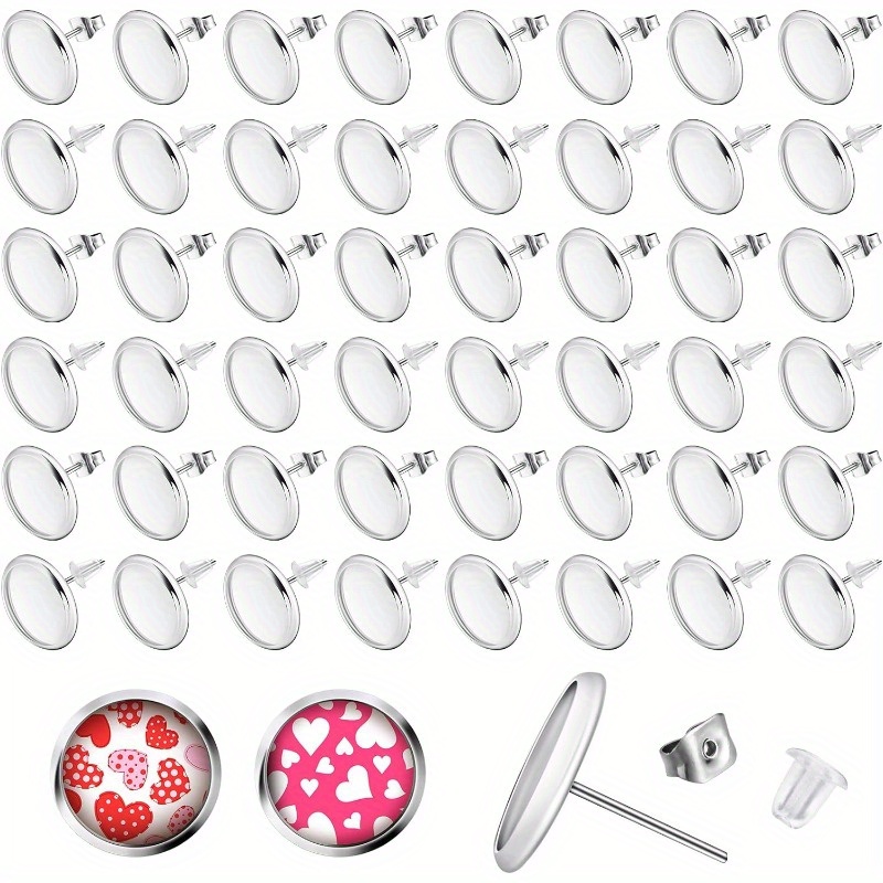 

300-piece Stud Earring Making Kit - 100pcs 12mm Copper Blank Bezel Settings With 100 Stainless Steel Earring Backs And 100 Rubber Stoppers For Diy Jewelry Making (silver)
