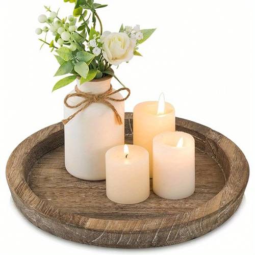 1 wooden serving tray round wood decorative tray country white center candlestick tray farmhouse cushion tray for decorating kitchen counter home decor coffee table