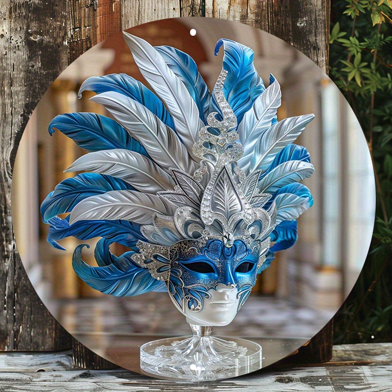 

Stunning Blue & Silver Mask With White Feathers - 8x8" Round Aluminum Wall Sign | Uv & Scratch Resistant, Easy-hang Outdoor/indoor Decor