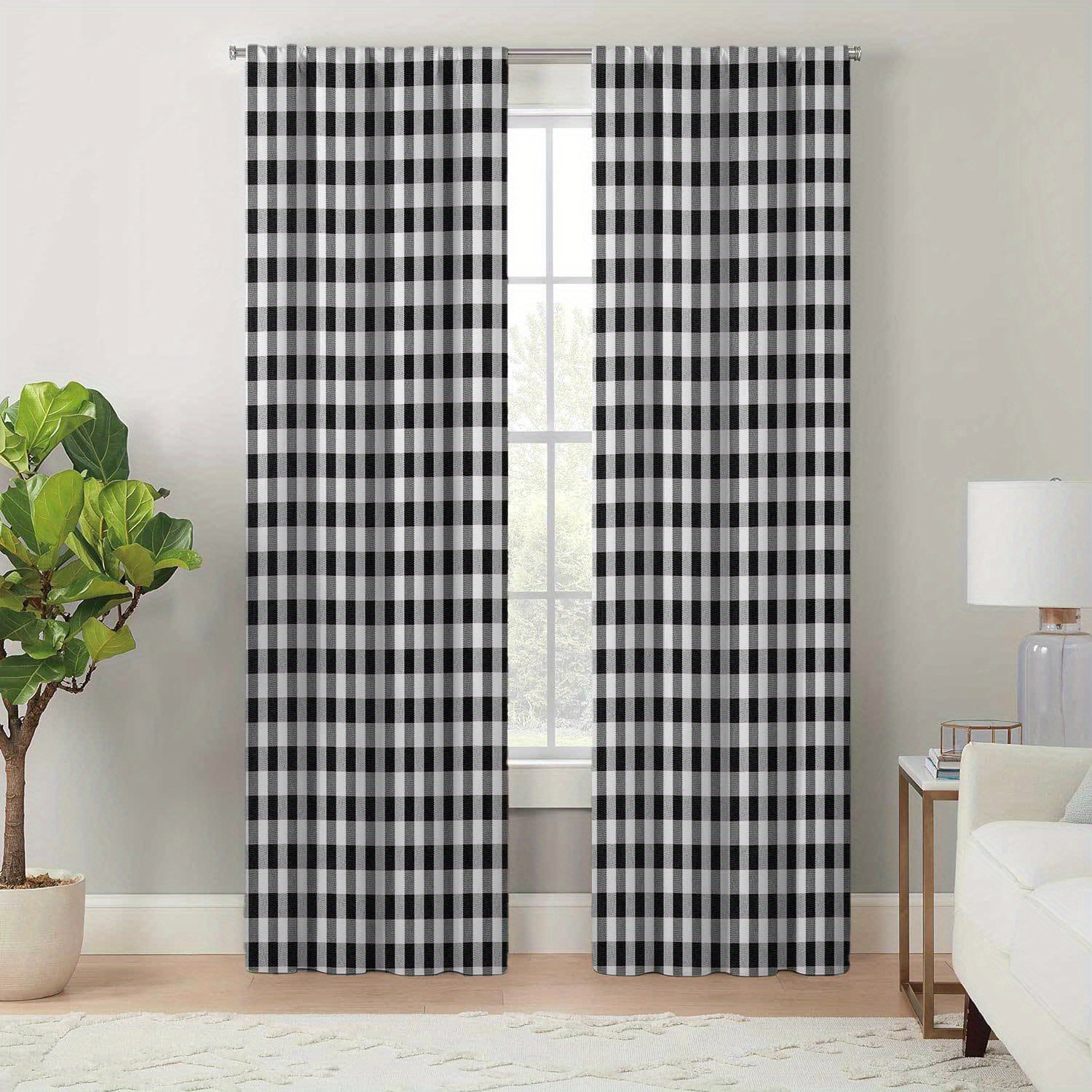 

2pcs, Modern Minimalist Style Living Room Room Decoration Curtains, Black And White Checkered Pattern Printed Curtains, Easy Maintenance, 4 Season Charm For Living & Bedroom, Durable With Easy Hanging