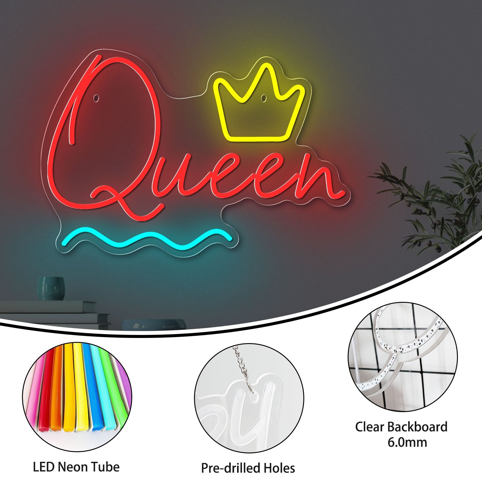 1pc Queen Crown Led Neon Lighted Sign Acrylic Back Panel Logo Neon Sign Usb Dimmer Switch For